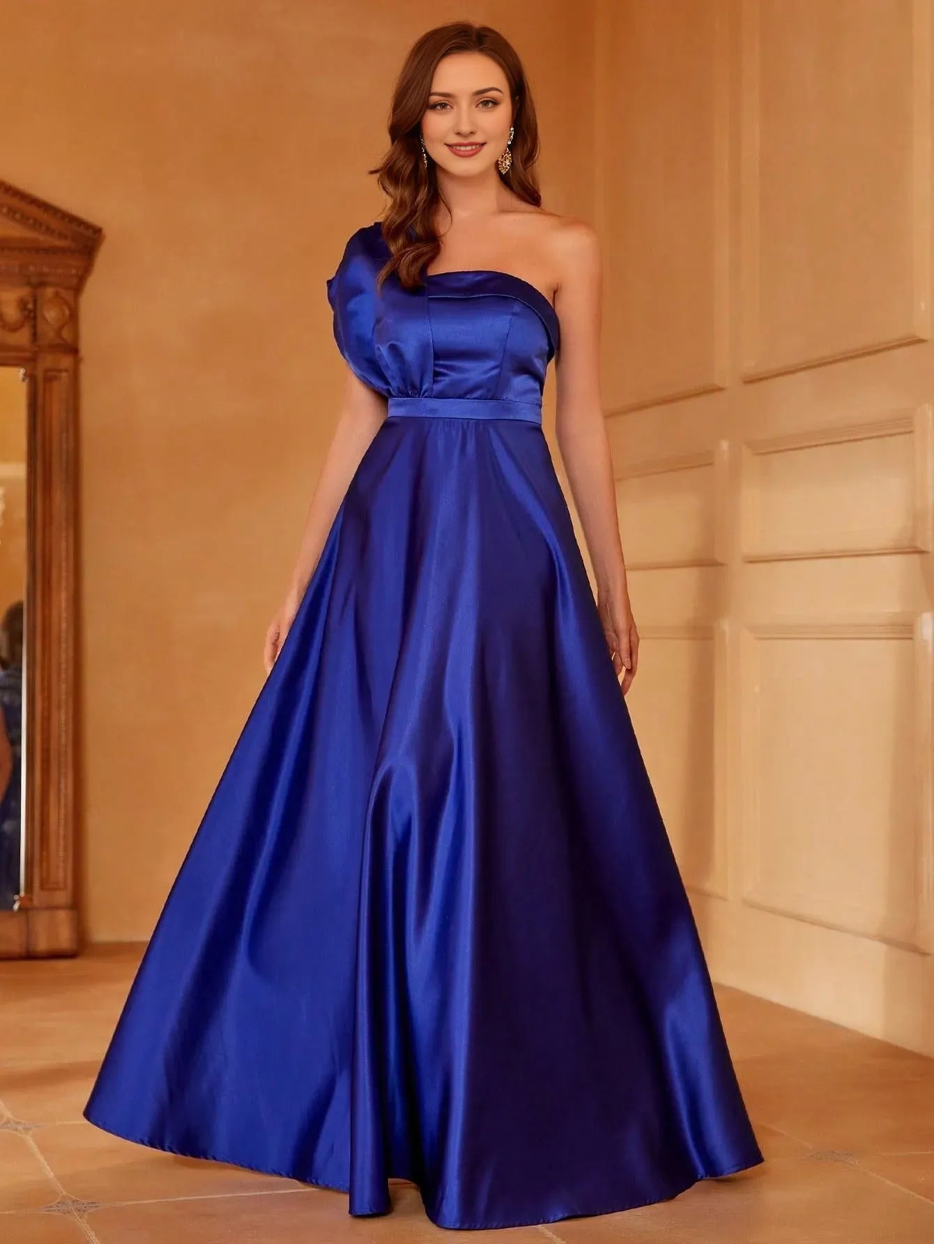 Elegant Evening Dresses/ One Shoulder Sleeveless Satin A line Dress Evening Dresses/ Evening Dresses For Women